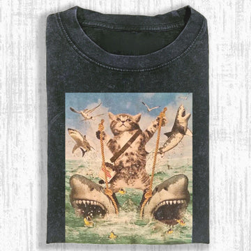CAT VS SHARKS T-SHIRT LL - 0196