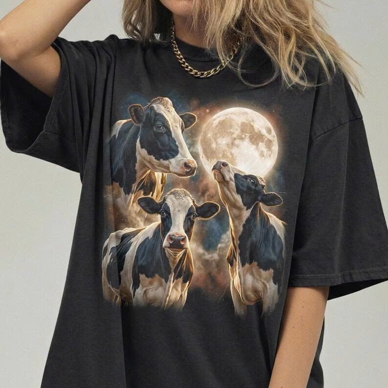 THREE COW MOON SHIRT, FUNNY HEIFER TEE, RETRO 90S FARM GIFT LL - 0209