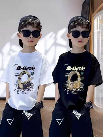 Boys Graphic T-Shirt – Headphones Print Short Sleeve Cotton Tee for Toddlers & Kids