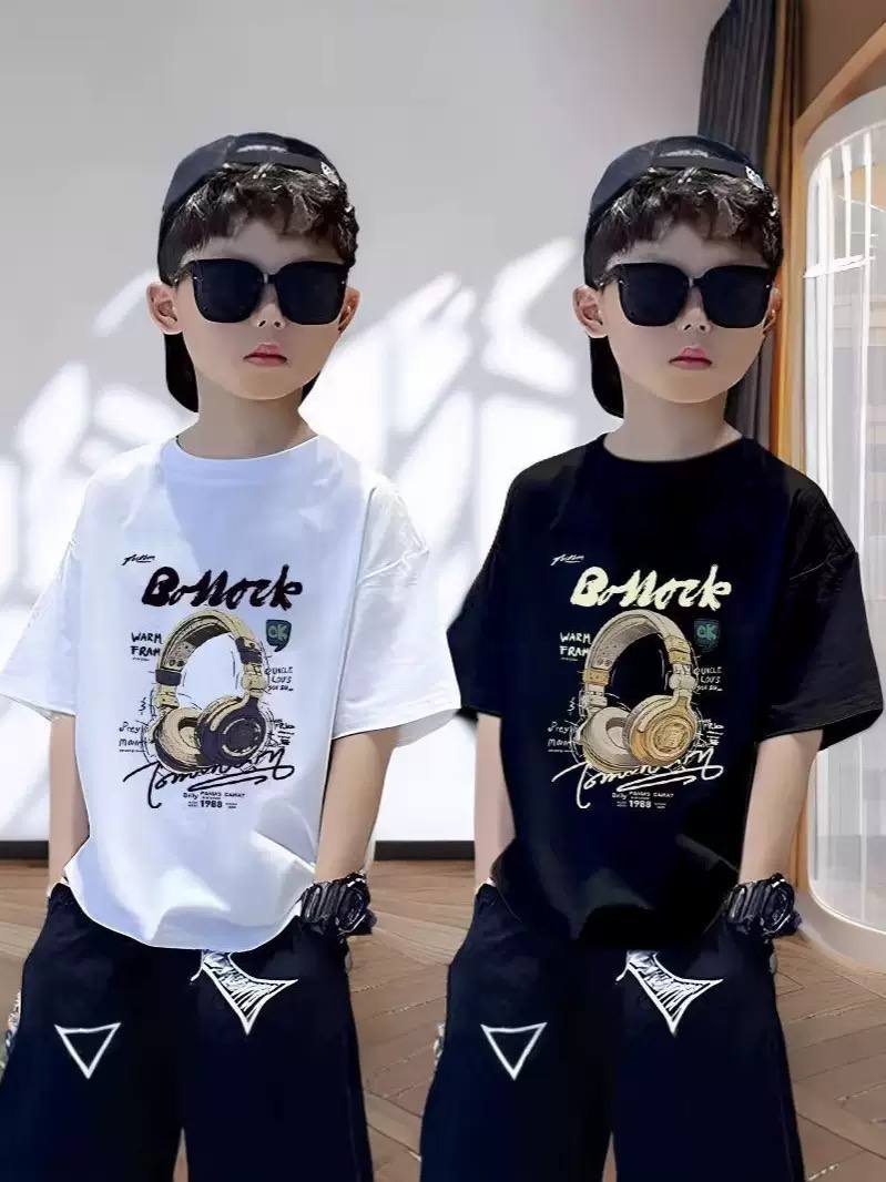 Boys Graphic T-Shirt – Headphones Print Short Sleeve Cotton Tee for Toddlers & Kids