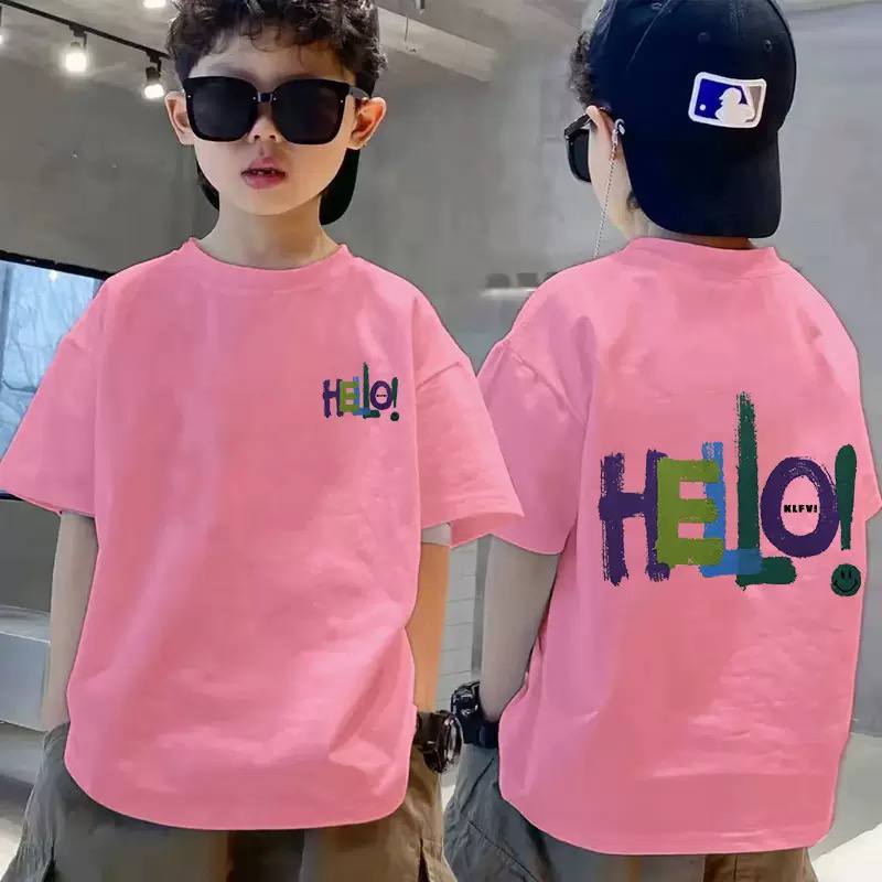 Boys Oversized Graphic T-Shirt – "HELLO!" Print Short Sleeve Cotton Tee for Kids