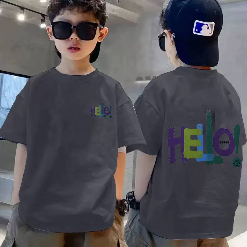 Boys Oversized Graphic T-Shirt – "HELLO!" Print Short Sleeve Cotton Tee for Kids