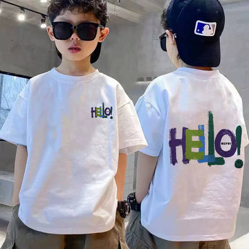 Boys Oversized Graphic T-Shirt – "HELLO!" Print Short Sleeve Cotton Tee for Kids