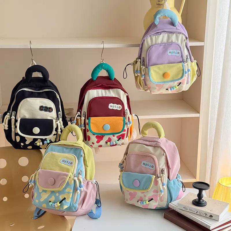 Kids Color Block Backpack with Cute Beaded Charms