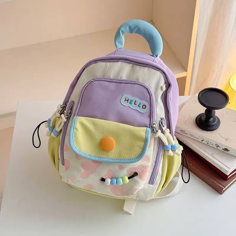 Kids Color Block Backpack with Cute Beaded Charms