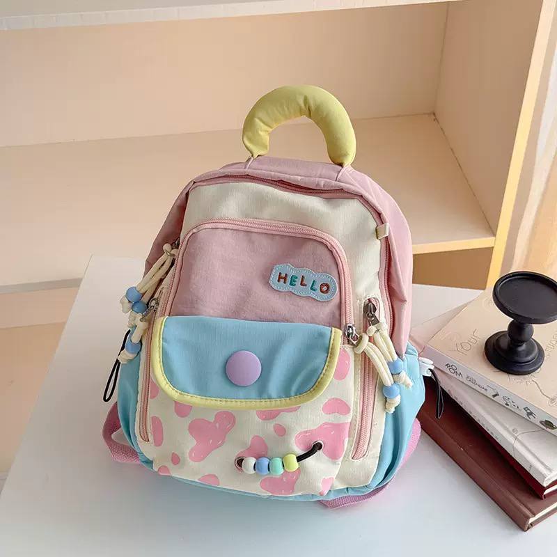 Kids Color Block Backpack with Cute Beaded Charms