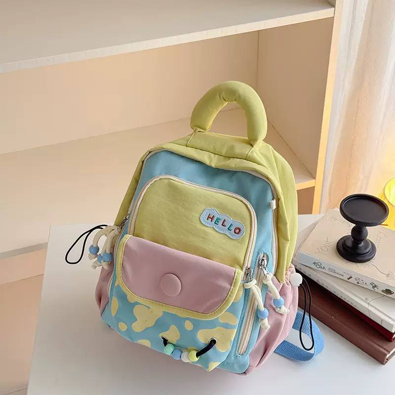 Kids Color Block Backpack with Cute Beaded Charms