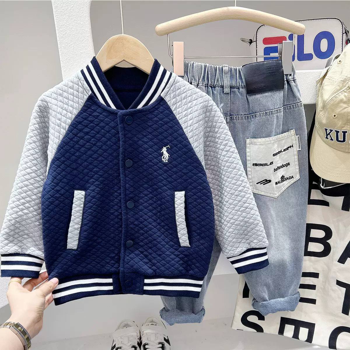 Kids Quilted Varsity Jacket & Denim Jeans Set – Boys Casual Baseball Jacket Outfit