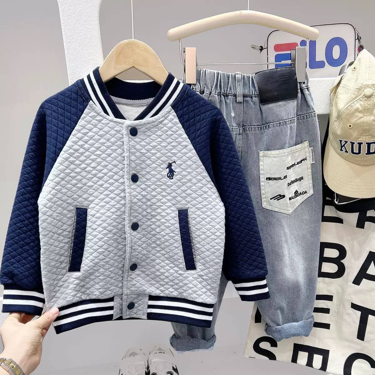 Kids Quilted Varsity Jacket & Denim Jeans Set – Boys Casual Baseball Jacket Outfit