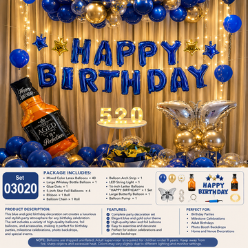 Blue & Gold Birthday Balloon Decoration Set – Complete Party Supplies Kit (Set 03020)