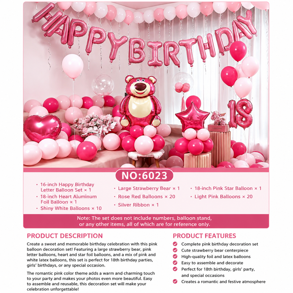 Pink Birthday Balloon Decoration Kit with Bear Foil Balloon