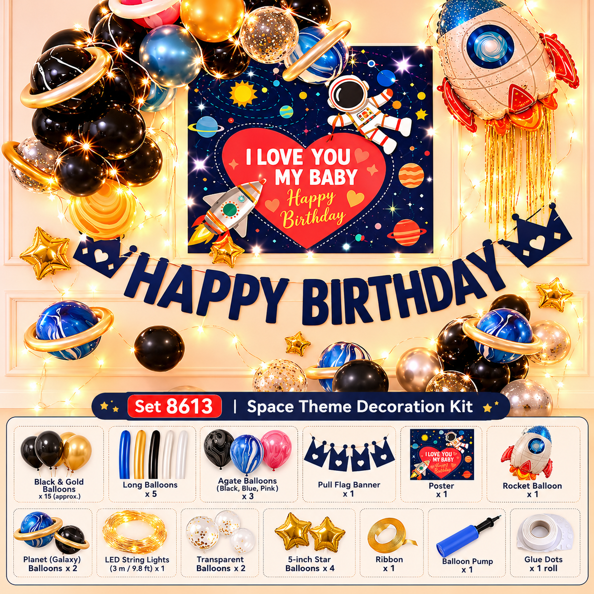 Space Theme Birthday Party Decoration Kit – Product Description