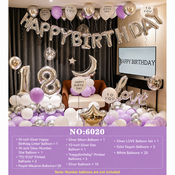 Silver & Purple Happy Birthday Balloon Decoration Kit with Moon, LOVE Balloon, Star Balloon & Latex Balloons for Birthday Party Decor