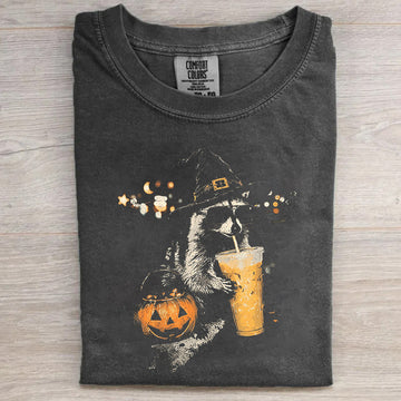 Halloween Raccoon Iced Coffee T-shirt, Spooky Viral Pumpskin Drink Tee B-00121