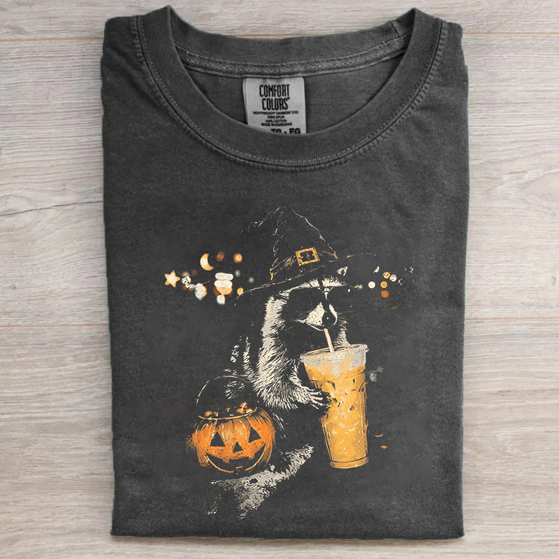 Halloween Raccoon Iced Coffee T-shirt, Spooky Viral Pumpskin Drink Tee B-00121