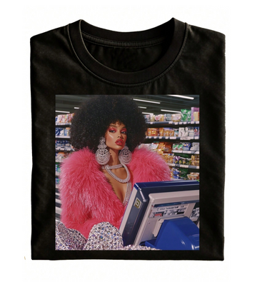 FUNNY PINK FUR COAT GROCERY CHECKOUT CREWNECK TEE LL - 0177