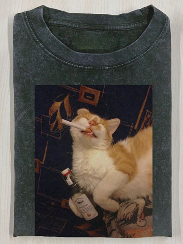 THOUGHTFUL CAT PRINT T-SHIRT,  PRINTED COTTON RETRO FASHION BRAND T-SHIRT LL - 0181