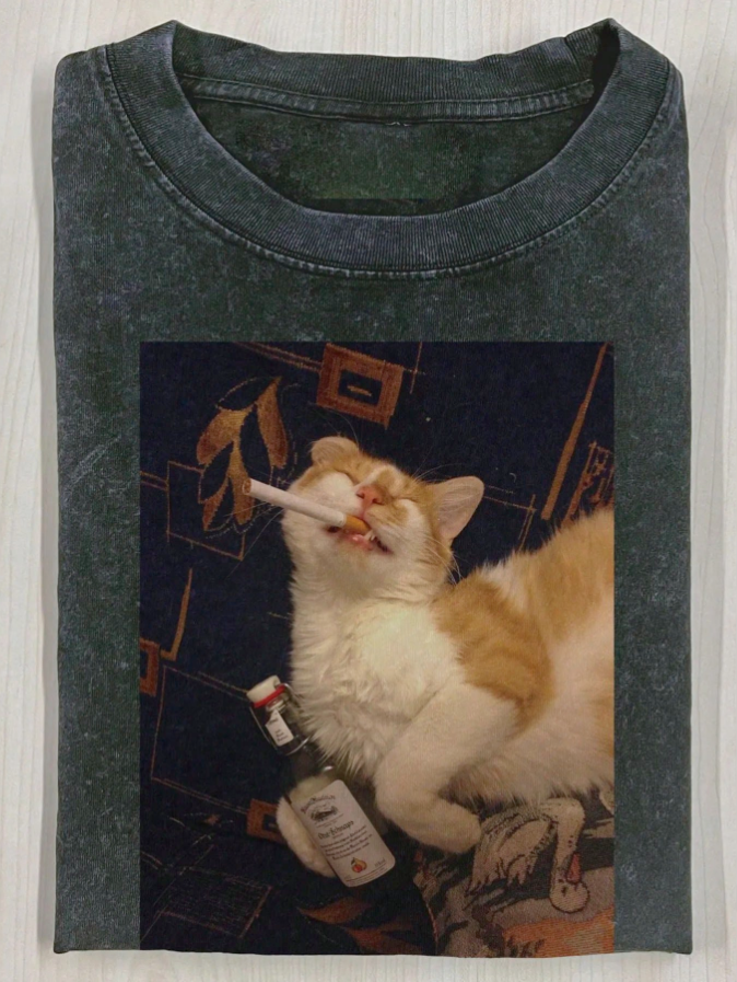 THOUGHTFUL CAT PRINT T-SHIRT,  PRINTED COTTON RETRO FASHION BRAND T-SHIRT LL - 0181