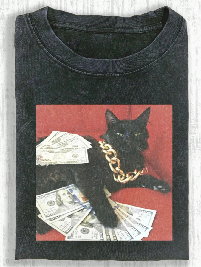 RICH CAT SHIRT | FUNNY BLACK CAT TEE LL - 0182