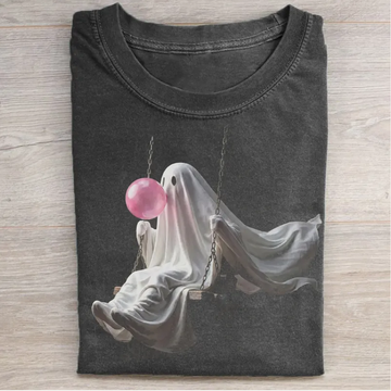 GHOST SWINGING AND BLOWING BUBBLE GUM SHIRT, SPOOKY SEASON HALLOWEEN GRAPHIC TEE LL - 0210