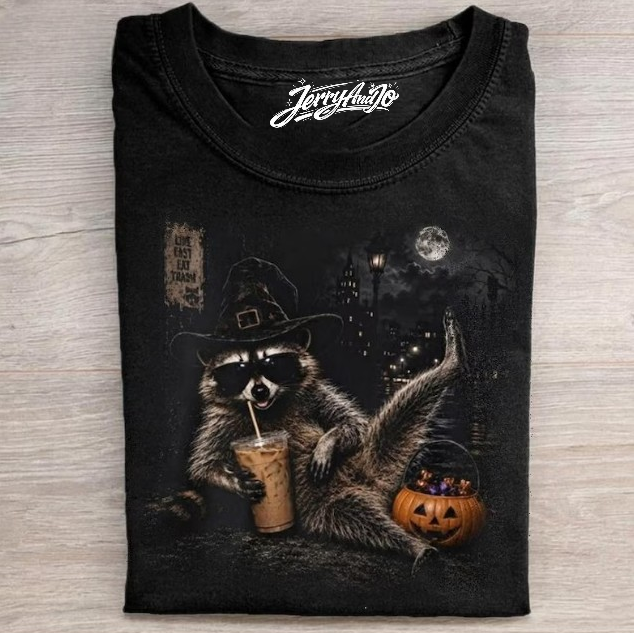 WITCH RACCOON HALLOWEEN TEE, FUNNY RACCOON DRINKING COFFEE TEE BN-00185