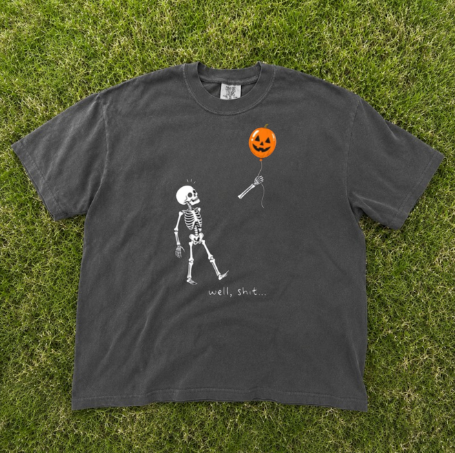 WELL TEE SKELETON HALLOWEEN TEE, FUNNY PUMKIN BALLOON GRAPHIC TEE BN-00259