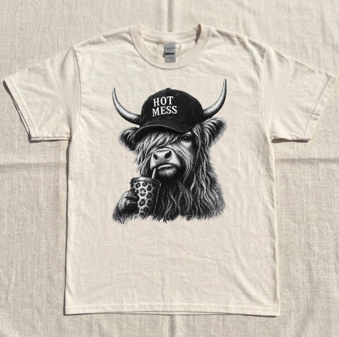 HOT MESS HIGHLAND COW TEE, FUNNY COW TEE, COFFEE LOVER TEE BN-00195