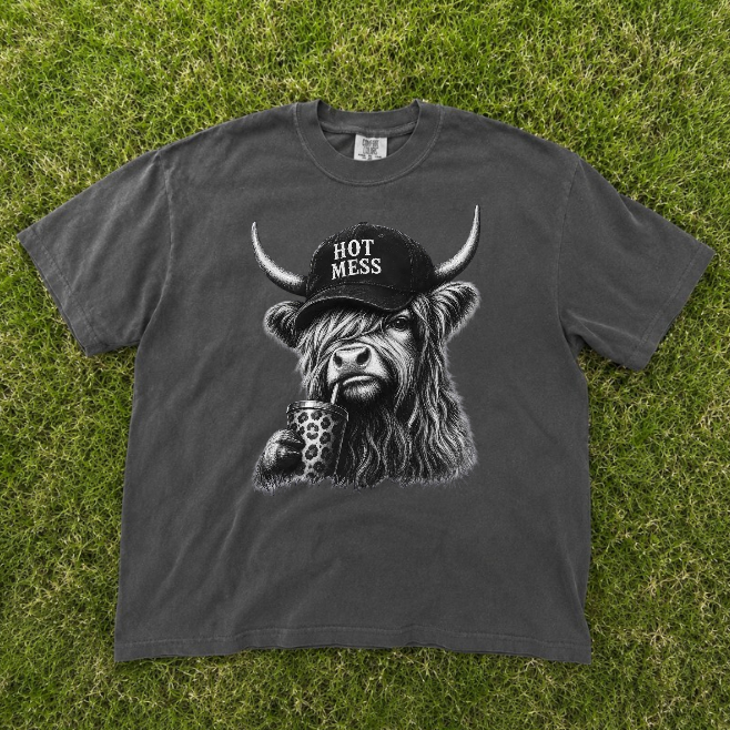 HOT MESS HIGHLAND COW TEE, FUNNY COW TEE, COFFEE LOVER TEE BN-00195