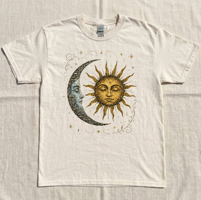 BOHO CELESTIAL MOON AND RADIANT SUN SPIRITUAL PATTERN TEE BN-00183