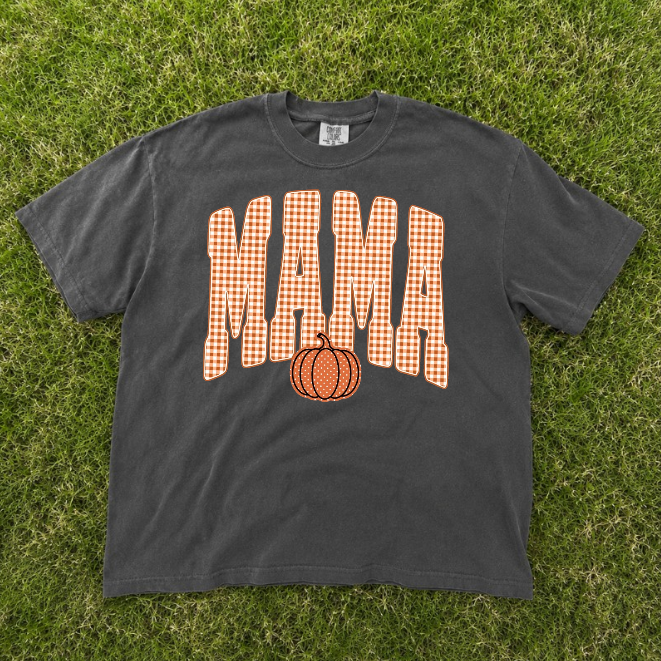 RETRO MAMA PUMKIN TEE, TRENDY FALL GINGHAM MAMA TEE BN-00218