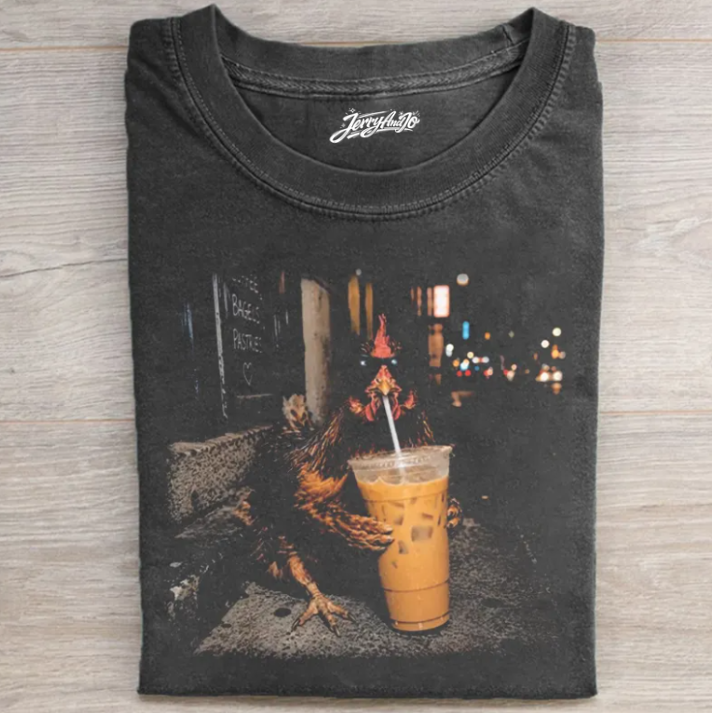 CHICKEN DRINKING ICED COFFEE SHIRT TR-00178