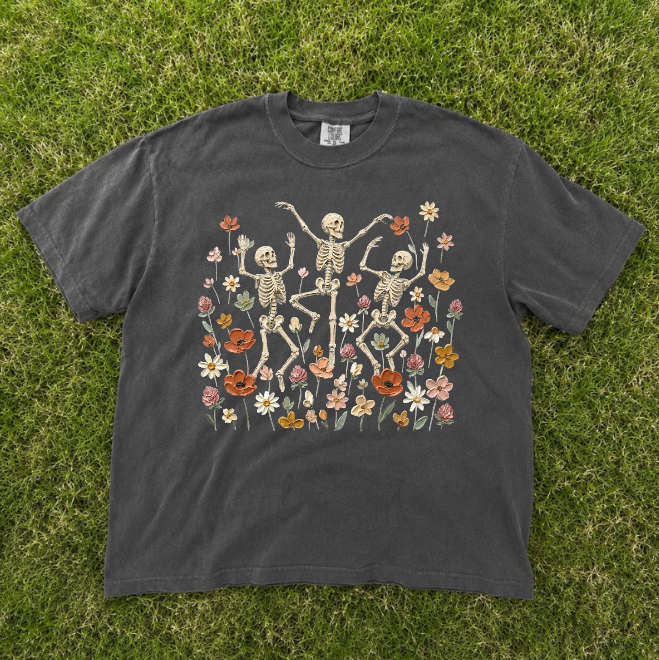 DANCING SKELETON FALL TEE, CUTE FLORAL SKELETON GRAPHIC TEE, SPOOKY SEASON HALLOWEEN TEE BN-00221