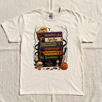 HALLOWEEN RETRO HORROR MOVIES SPOOKY SEASON BOOK STACK FUNNY SCARY FILM LOVER TEE BN-00197