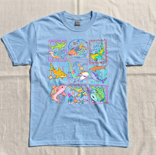 SHARK TROPICAL OCEAN STAMPS, COASTAL BEACH SUMMER TEE BN-00212