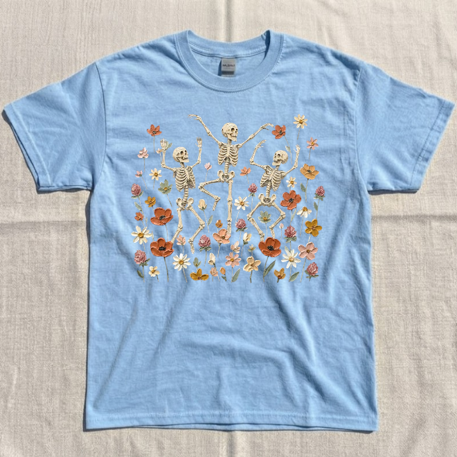 DANCING SKELETON FALL TEE, CUTE FLORAL SKELETON GRAPHIC TEE, SPOOKY SEASON HALLOWEEN TEE BN-00221