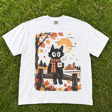 Autumn Black Cat Coffee Maple Leaf Autumn Farm T-Shirt CT-0111