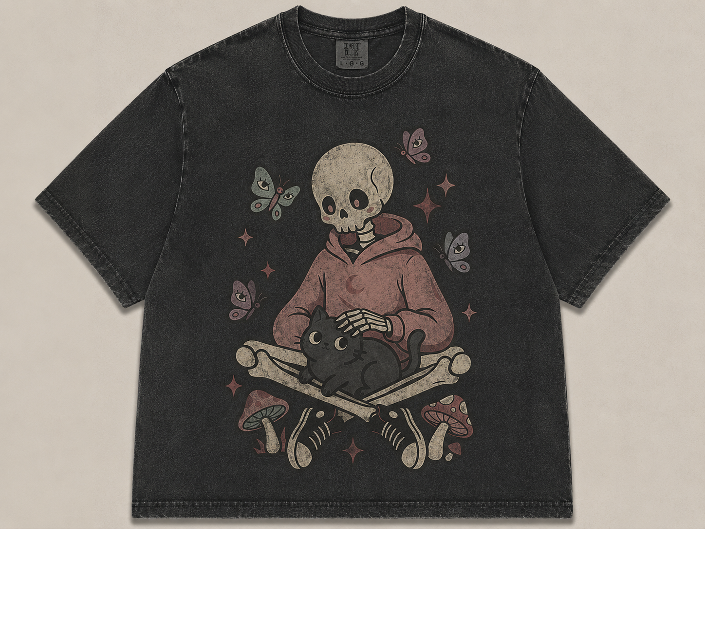 COZY SKELETON WITH BLACK CAT VINTAGE RETRO HALLOWEEN TEE AV-00211