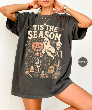 RETRO 'TIS THE SEASON SKELETON PUMPKIN GHOST HALLOWEEN TSHIRT BT-00204