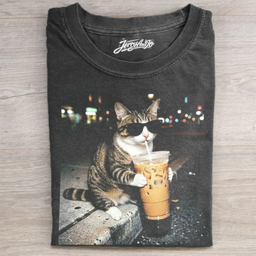 FUNNY CAT DRINKING ICED COFFEE SHIRT NN-0196