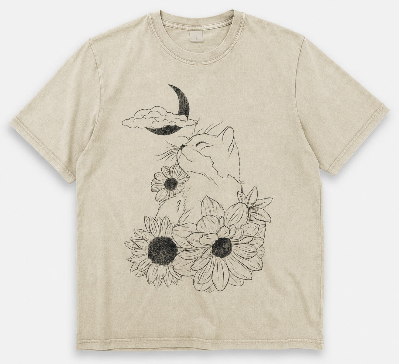 CRESCENT MOON CAT AND WILDFLOWERS VINTAGE TEE AV-00267