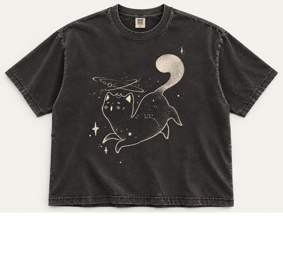 COSMIC BLACK CAT VINTAGE CELESTIAL HALLOWEEN TEE AV-00202